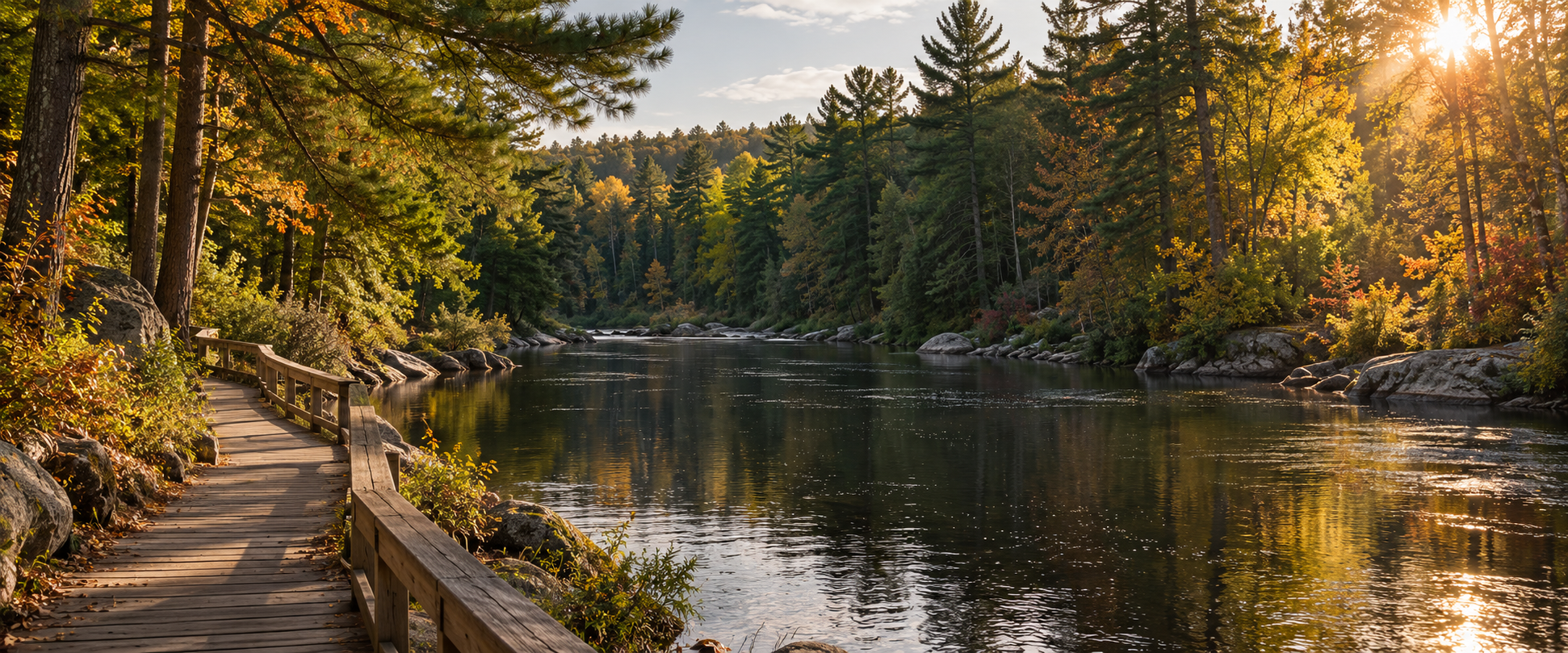Wooden boardwalk beside a calm river, surrounded by pine trees and autumn foliage in golden sunlight.